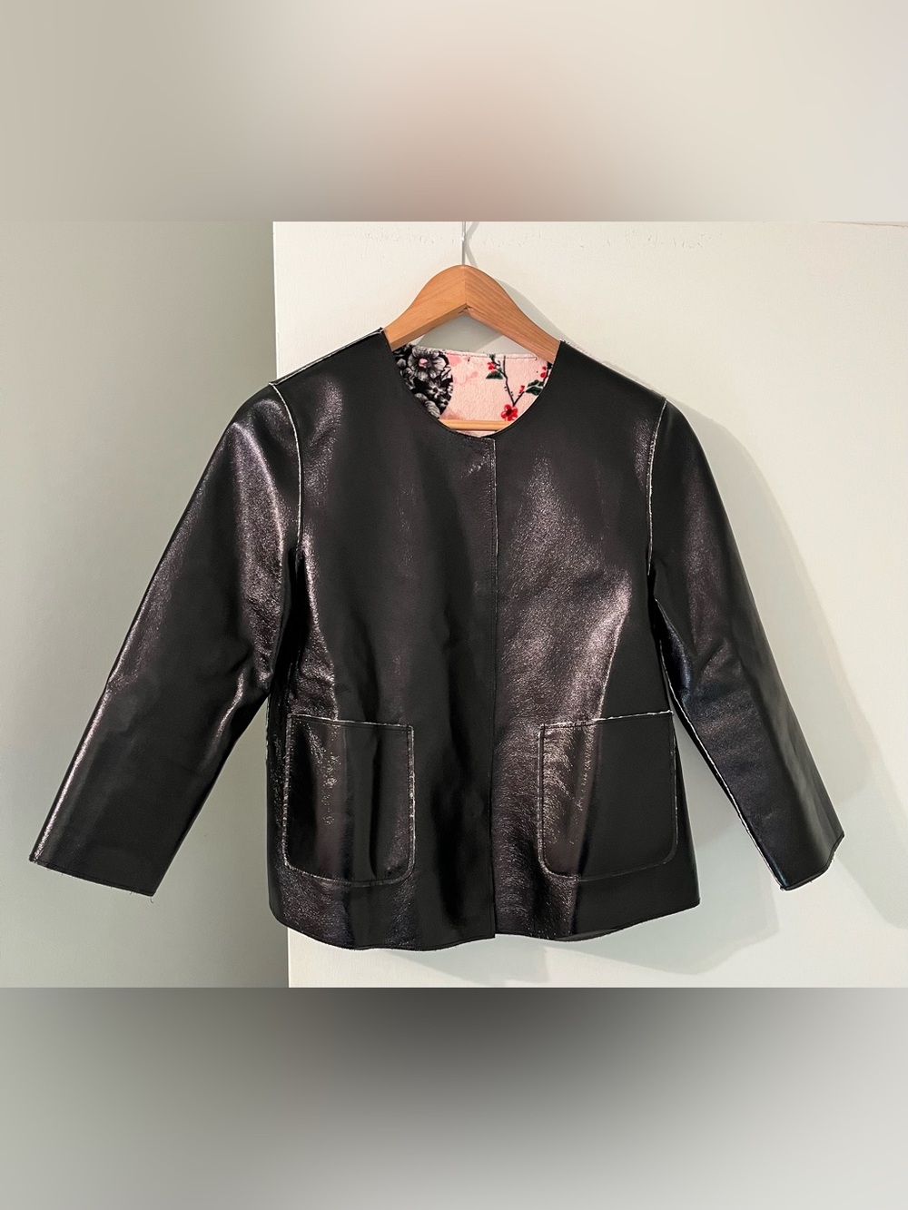 Guess Reversible Black Faux Leather or Multicolour Floral Birds Pattern Jacket
